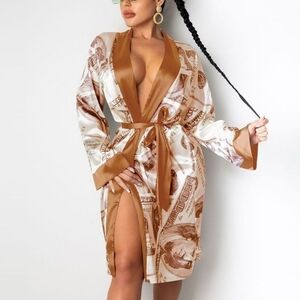 Luxurious Satin Money Print Robe - Brown